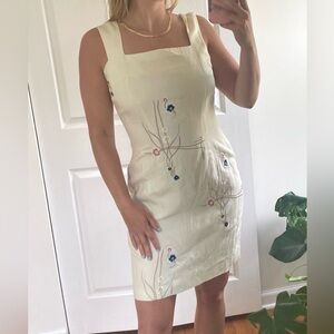 Cream Linen Dress with Floral Design